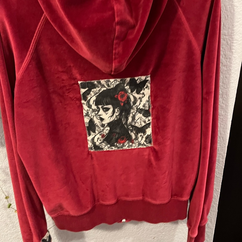 Goth girl appliqué red velour zipper hood sweatshirt!